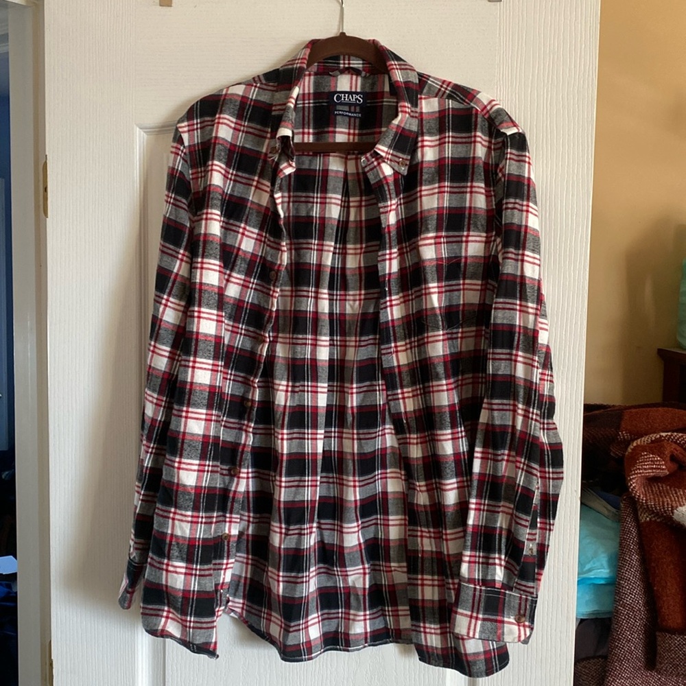 Chaps large plaid shirt. 
Color red/white/black